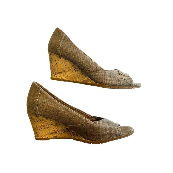 Life Stride Women's Taupe Canvas Cork Wedge Memory Foam Open Toe Heels Size 10M - Picture 3 of 10